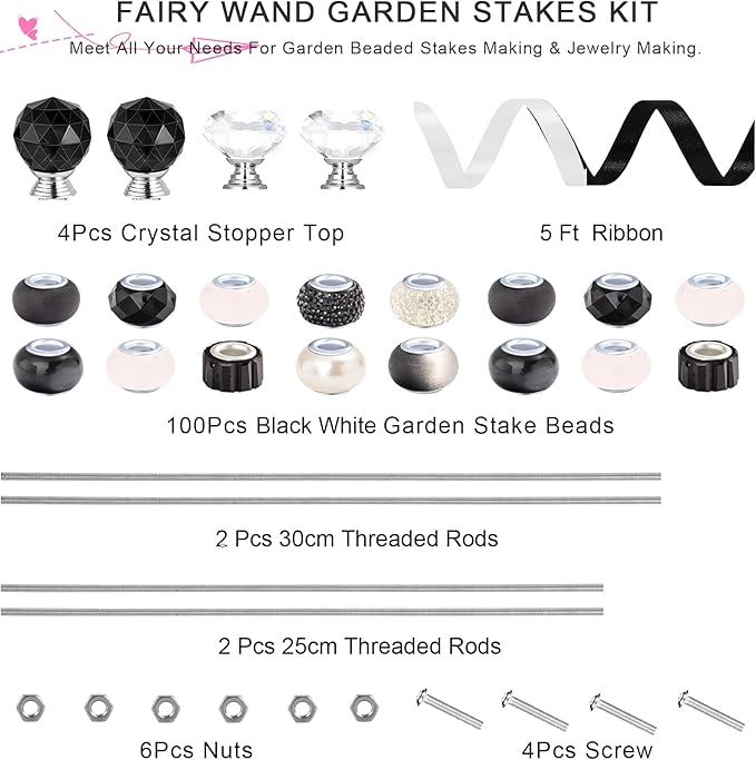 119 Pcs Garden Stake DIY Fairy Wand Plant Stake with Black White Large Hole Beads Crystal Diamond Stopper Top 4 Stainless Steel Threaded Rod Beaded Garden Stakes for Outdoor Indoor Yard Decorations