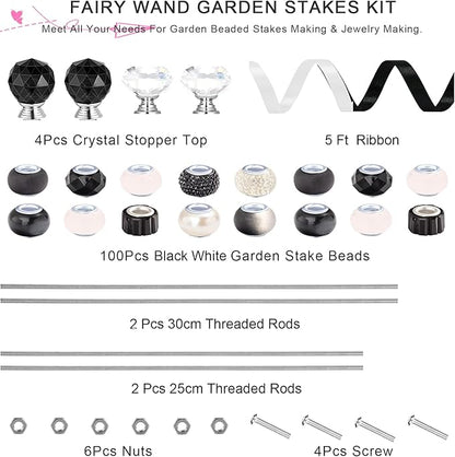 119 Pcs Garden Stake DIY Fairy Wand Plant Stake with Black White Large Hole Beads Crystal Diamond Stopper Top 4 Stainless Steel Threaded Rod Beaded Garden Stakes for Outdoor Indoor Yard Decorations