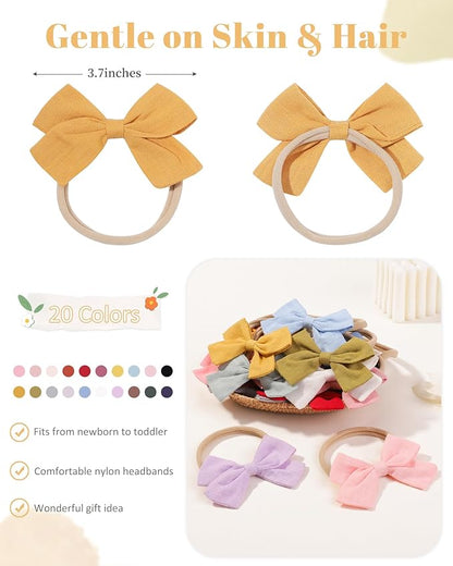 jollybows 20pcs Baby Girls Nylon Hair Bows Headbands Linen Hair Bands Elastic Hair Accessories for Kids Infants Newborn