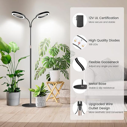 Garpsen Halo Grow Lights, Dual-Head Full Spectrum LED Plant Lights for Indoor Growing with Stand, 3 Color Modes Grow Lamp with Timer 6/12/16H, 5 Dimmable Levels, 168 LEDs and 67''Height Adjustable
