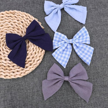 4 PCS Sailor Bow Hair Clips for Kids Girls Women Linen cotton Hair Bow Alligator Clips Baby Toddler Girl Mom Hair Accessories (Blue/Grey)