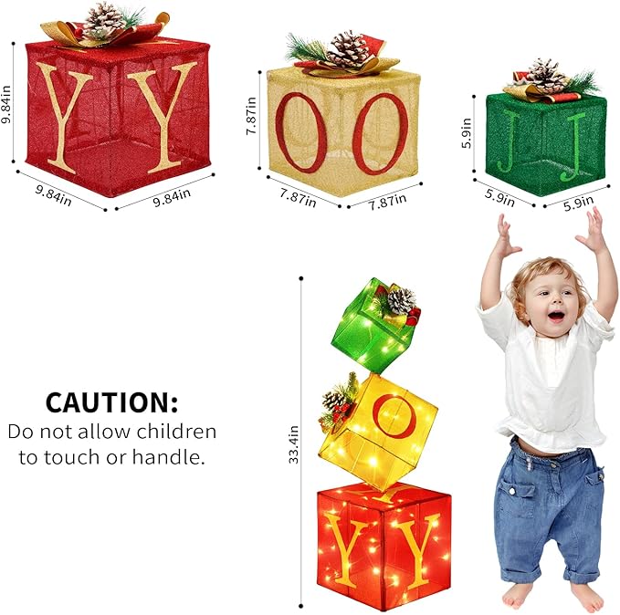 Christmas Joy Lighted Gift Boxes Decorations Set of 3, 2.8Ft Stackable Christmas Nesting Boxes Battery Operated for Home and Party Decoration