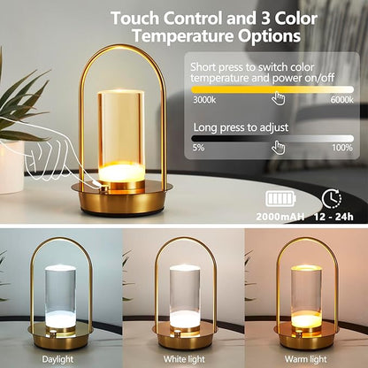 Cordless Table Lamp, 3-Color & Stepless Dimming with Touch Control, Portable Rechargeable for Outdoor Indoor Use, Water-Resistant Desk Light for Bedroom Living Room Patio (Gold)