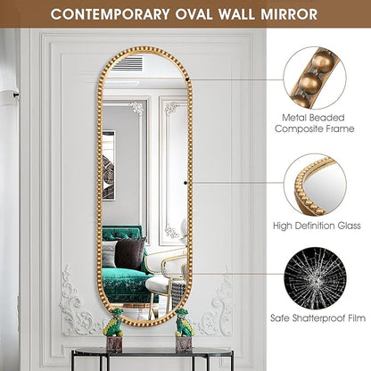 Oval Full Length Mirror, 16"x47" Metal Beaded Frame Large Hanging Dressing Floor Mirror for Bedroom, Living Room, Entryway, Antique Gold (No Stand)