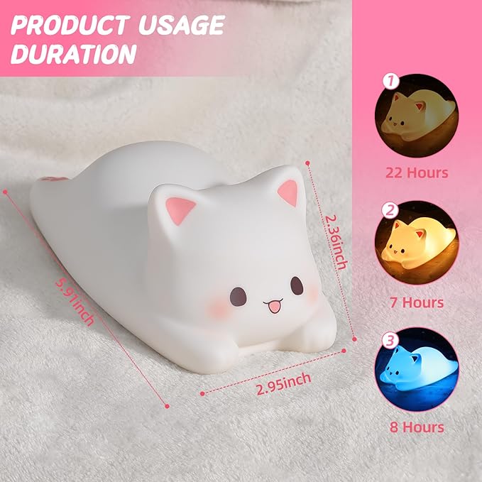 LOVERUIS Cute Night Light for Kids Cat Night-Light Baby Girl Squishy NightLight 1/3 Hour Timer Kitty Light Baby Dimmable Nursery Lamp Colorful Nightlight Gift for Kid Toddler Kawaii Bedroom (Kiki)