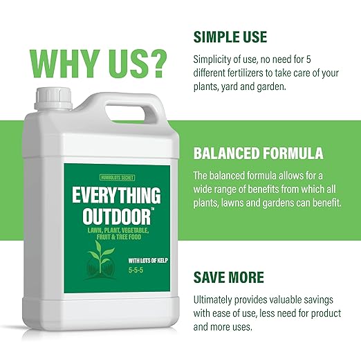 Humboldts Secret Everything Outdoor Plant Food | 5-5-5 Liquid Fertilizer with Norwegian Kelp | All Purpose Lawn, Vegetable & Fruit Food | Garden Nutrients | Refillable Hose End Bottle | 1 Gallon
