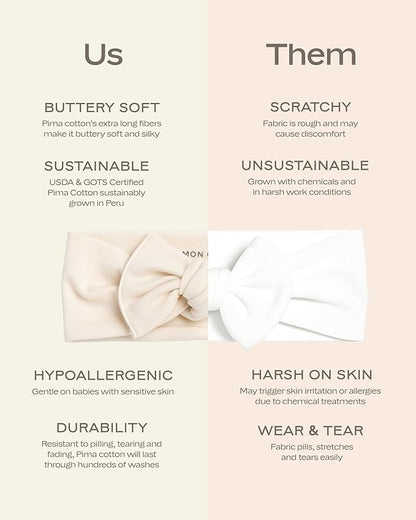 MON CHOU Baby Headbands - Set of 2 Organic Cotton Headbands for Baby Girls - Ultra Soft, 100% Pima Cotton Infant Hair Bows (Ivory & Bloom)