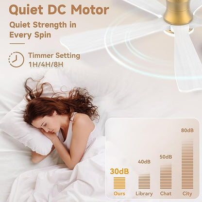 52 Inch Wood Smart Low Profile Ceiling Fans with Lights Remote,Control via WIFI Alexa Google App,6 Speed,Quiet DC Motor,Flush Mount Outdoor Indoor Ceiling Fan for Modern Bedroom Patio Porch,Gold White