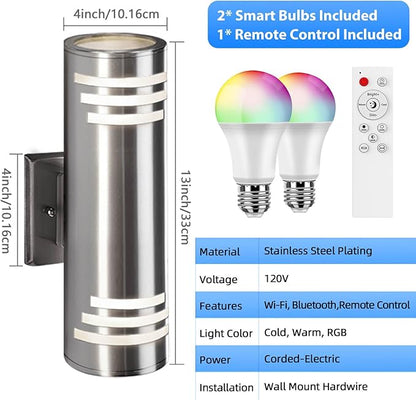 SHIMR Smart Outdoor Wall Lights RGBCW, Modern Color Changing Outdoor Sconce Cylinder Stainless Steel Exterior Light Fixture with Remote, Up and Down Outside Lights for House Home Theater Lighting