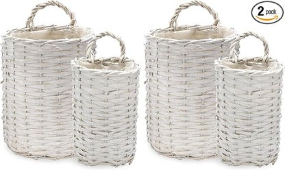 AuldHome Design Wall Hanging Baskets; Woven WIcker Rustic Farmhouse White