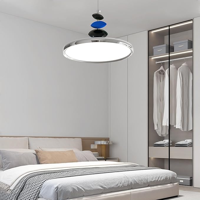 Mikeru Modern Pendant Lights, 23.6" Chrome Pendant Lighting Fixture with Remote Control Dimmable 3 Color Mode & Brightness Mid Century Island Light Fixture for Dining Room,Kitchen,Living Room
