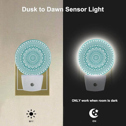 EKOBLA Mandala Plug-in Night Light, Teal Green Floral Mandala LED Nightlight with Dusk to Dawn Sensor for Kids, Adults & Grandparents