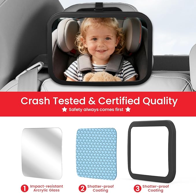 Baby Car Mirror, Shatterproof & Easy Assembled Crash Tested, 360° Rotation, Safety Car Seat Mirror for Rear Facing Infant with Wide Crystal Clear View