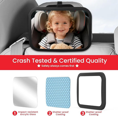 Baby Car Mirror, Shatterproof & Easy Assembled Crash Tested, 360° Rotation, Safety Car Seat Mirror for Rear Facing Infant with Wide Crystal Clear View