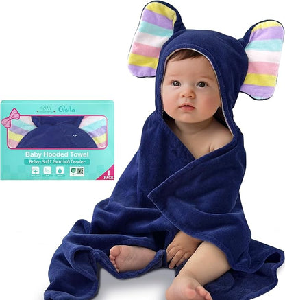VOOVA & MOVAS Navy Baby Bath Towel with Cute Elephant Ears Hood – Super Absorbent, 100% Cotton, 420GSM – 33" x 31.5", Pink – Thick Towel for 0–18 Months – Newborn, Toddler, Infant, Baby Essentials