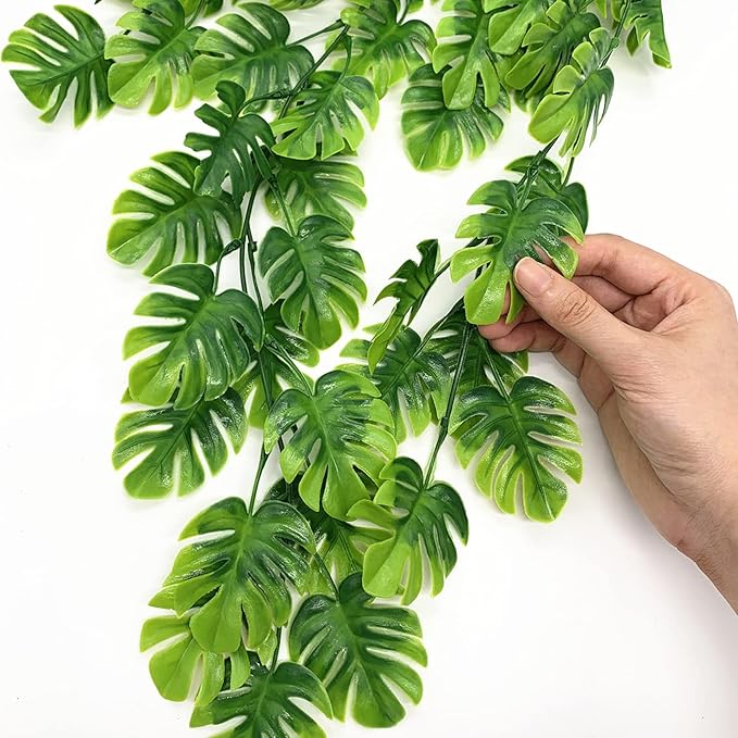 Artificial Hanging Vines 4 Pack, Fake Monstera Leafs Vine Ivy Jungle Leaf Plants Tropical Palm Leaves Rattan for Houseplants Indoor Home Kitchen Garden Outdoor Wall Wedding Decoration