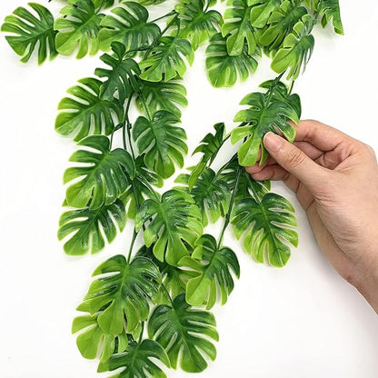 Artificial Hanging Vines 4 Pack, Fake Monstera Leafs Vine Ivy Jungle Leaf Plants Tropical Palm Leaves Rattan for Houseplants Indoor Home Kitchen Garden Outdoor Wall Wedding Decoration