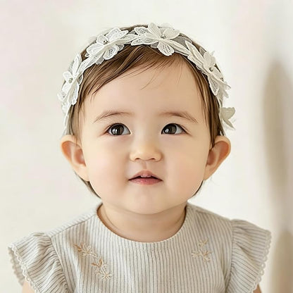 Baby Girls Flower Headbands Cute Kids Christening Headband Soft Lace Hairbands Floral Crown Newborn Infant Toddlers Hair Accessories for Birthday Party Photography(White Rhinestones Pearl)