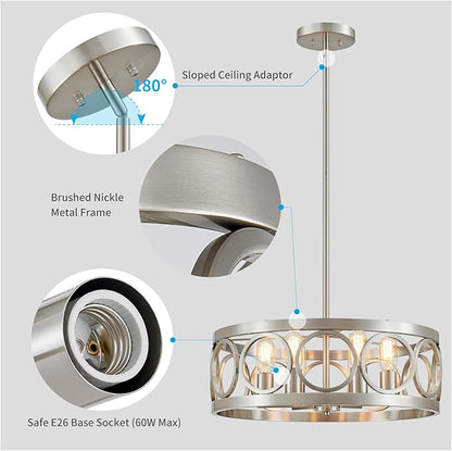 XINGQI 6-Light Modern Chandelier Brushed Nickel Farmhouse Dining Room Chandeliers, 21.7'' Drum Pendant Light Fixture Height Adjustable for Living Room Home Office
