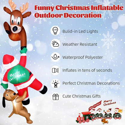 7.5 Ft Christmas Inflatable Outdoor Decoration, Hanging Christmas Inflatables Climbing Santa with Reindeer and Dog, Blow Up Inflatable with Build-in LEDs for Xmas Party Roof Yard Garden Lawn Decor