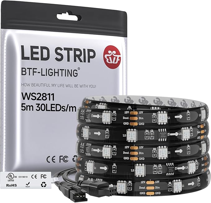 BTF-LIGHTING WS2811 IC=RGB+IC Addressable Color RGB LED Strip,16.4FT 30LED/m 10Pixels/m,IP65 Black PCB,UL Listed,Flexible DC12V Chasing Effect for Indoor Home Decor,3M Tape(No Adapter or Controller)