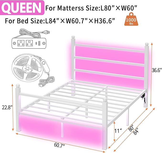 Queen Bed Frame with Headboard and Footboard,Steel Slats Support-LED Bed Frame with USB Charging Station,Mattress Foundation-Under Bed Storage,No Box Spring Needed,Noise Free,White