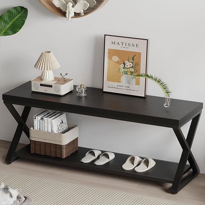 IBF Black Bench, Modern Entryway Bench for Bedroom, Wood Metal Storage Hallway Bench for Dining Living Room, Farmhouse Shoe Rack Indoor Accent Seating Bench for Foyer Entrance, Black Oak, 47 Inch Long