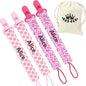 Personalized Handmade Pacifier Clip with Name - Customizable Baby Pacifier Holder with Storage Bag (4 Pack) (Pink)
