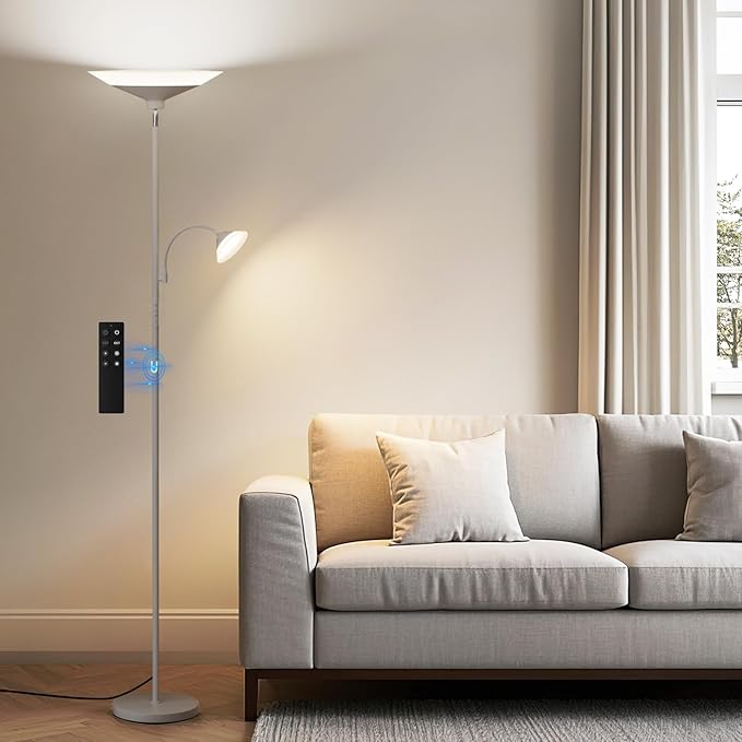SIBRILLE Sliver Gray Torchiere Floor Lamp with Reading Light, 4 Color Temperatures, Dimmable & Individual Light Control Standing Lamp, 34W Bright Tall Lamp with Remote for Living Room Bedroom Office