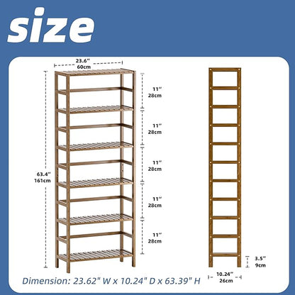 HITNET Bookcase, Bamboo Bookshelf, 6-Tier Adjustable Tall Open Book Shelf, Free Standing Storage Shelves Organizer, Flower Plant Display Stand, Walnut
