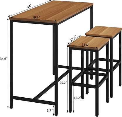 Aklaus Bar Table and Chairs Set 44" Dining Table Set Pub Bar Table with 2 Stools 3-Piece Kitchen Breakfast Table Set for Living Room Dining Room Sturdy Metal FrameBrown