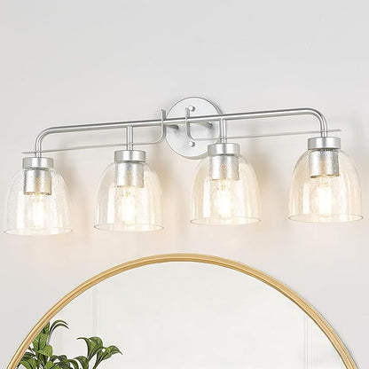 28 Inch Vanity Lights, 4-Light Silver Vintage Industrial Bathroom Light Fixtures with Bell Bubble Glass Shade, Wall Sconce for Bathroom Mirror, Bedroom, Hallway