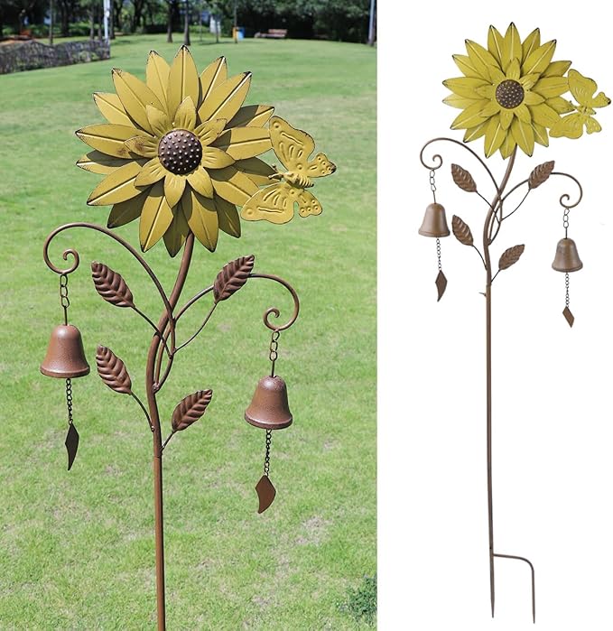 Sunflower Garden Stake with Bells, Decorative Garden Stakes for Garden Yard Patio Decor