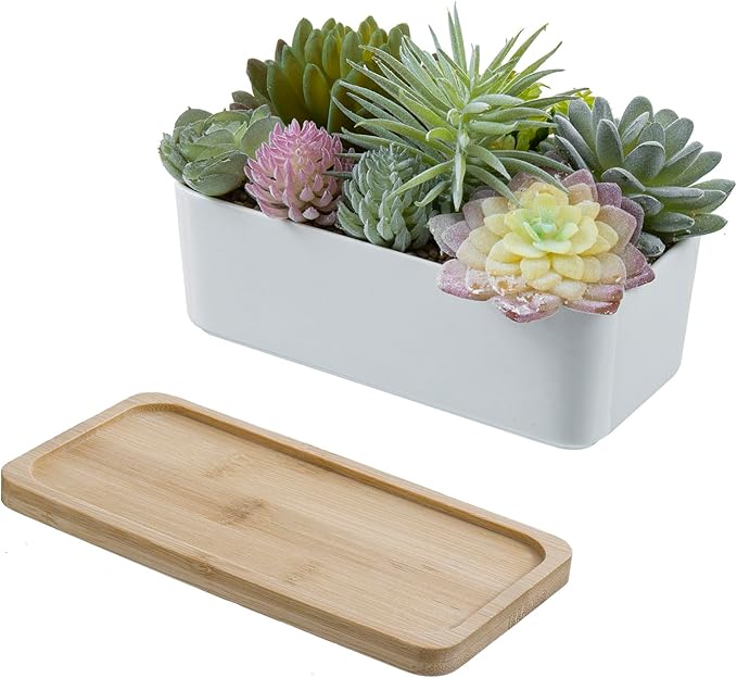 MyGift Assorted Artificial Succulent Plant Arrangement Potted in White Ceramic Planter Pot with Removable Bamboo Tray