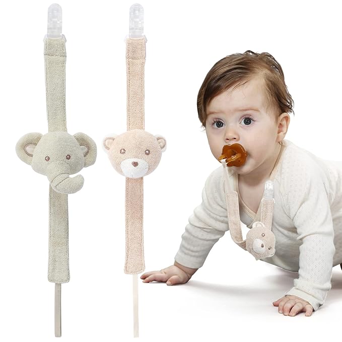 Pacifier Clip, 2 Pack Baby Pacifier Holder for Boys and Girls Fits Many Pacifiers & Baby Teething Toys, Ideal Baby Gift (Elephant & Bear)