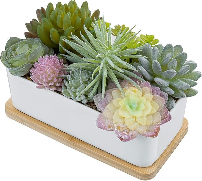 MyGift Assorted Artificial Succulent Plant Arrangement Potted in White Ceramic Planter Pot with Removable Bamboo Tray