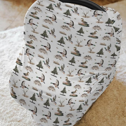 Retro Duck Hunting Car Seat Cover for Babies Vintage Flying Mallards Stretchy 5-in-1 Cover Adjustable Car Canopy Cover Wild Ducks Trees Leaves Breathable Nursing Cover-Up
