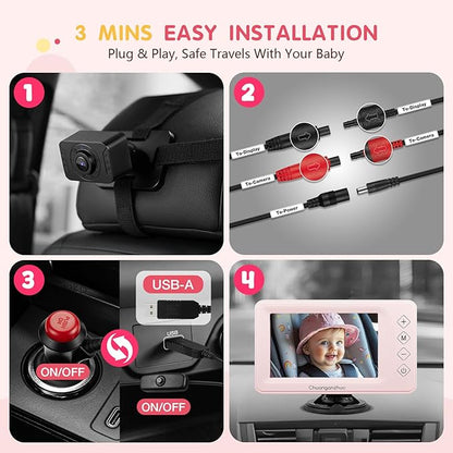 S100P Baby Car Camera with Ultra Night Vision, 5'' HD 1080P IPS Baby Car Monitor with 3X Zoom, Backseat/Carseat/Rear Seat Camera USB, Easy No-Damage Install, Safety for Infants and Pets (5 inch Pink)