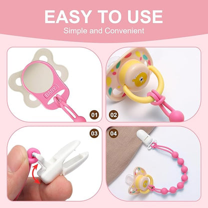 4-Pack Silicone Pacifier Clip with Adapter Ring Fits MAM Dummy, Soft Flexible Binky Holder for Button-Style Maam Dummies, Anti-Loss Paci Clips for Baby Girls, Xmas Gifts Baby Shower Essentials