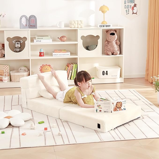 Folding Sofa Bed Beige Floor Mattress for Kids with Pillow, Toddler Washable Folded Floor Nap Mat Futon, Child Fold Up Sofa Folding Chair Bed with Storage Bag for Girls and Boys
