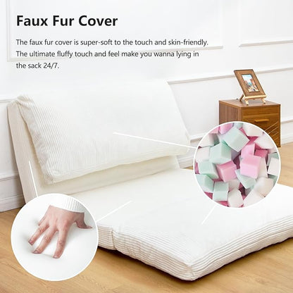 N&V Folding Matress Sofa Bean Bag Bed, Foam Filling Folding Matress Sofa, Includes Removable and Machine Washable Cover, Soft Premium Corduroy (Medium, Ivory)
