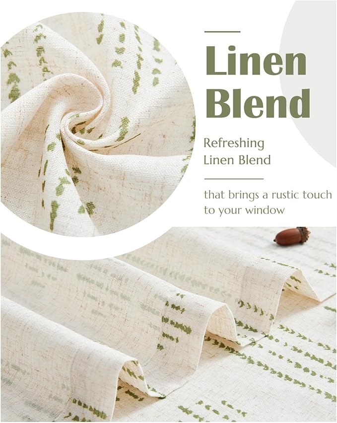 jinchan Boho Kitchen Curtains Linen Cafe Tier Curtains 36 Inch Bohemian Geometric Striped Mudcloth Small Window Drapes for Living Room Bathroom Light Filtering Back Tab 2 Panels Sage Green on Flax