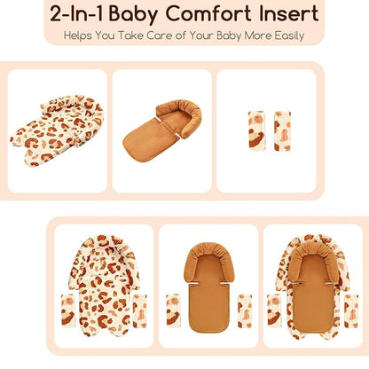 GFU Baby Car Seat Head Support for Newborn, 2 in 1 Infant Car Seat Head Body Support with Strap Pads, Soft Stroller Cushion Pillow Insert for Girls, Fits for Stroller, Swing, Brown