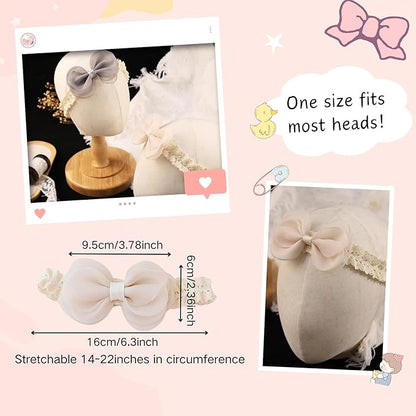 Cute Lace Bow Baby Girls Headbands Large Knot Hair Band Soft Chiffon Hairband Elastic Shower Hair Accessories for Newborn Infant Toddler Kids (Off White C, Elastic)