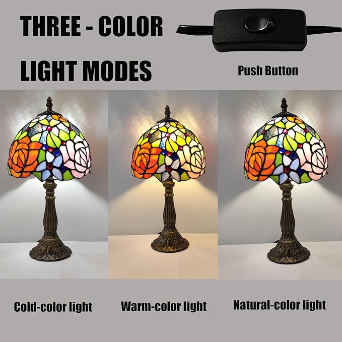 Small Tiffany Table Lamp 8 Inch Tiffany Style Desk Lamp Stained Glass Antique Light Decoration Bedroom Bedside Lamp Retro Reading Lamps (Yellow Pink Roses Style)