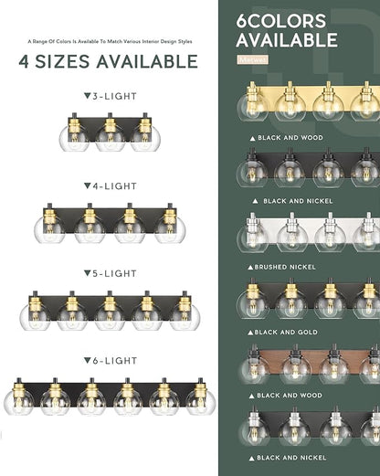 Bathroom Light Fixtures, 3-Light Black and Gold Bathroom Vanity Light, Modern Wall Sconces with Globe Clear Glass Shade, Vanity Lighting Fixtures Over Mirror, VL195-KG-3