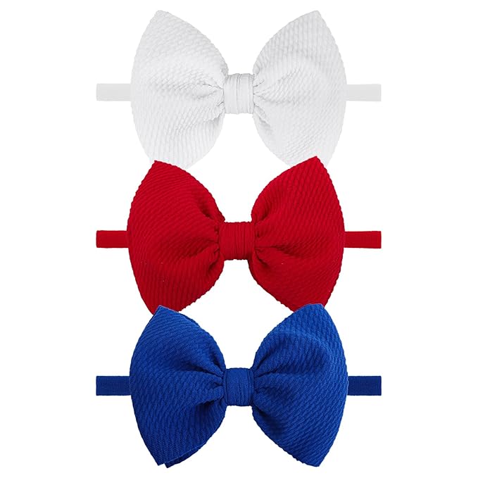 YanJie 3rd of July Hairband Nylon Baby Girl Bows with Red, White, Blue Accents - One Size Fits All Infant Toddler Headbands for Festivals, Everyday Wear, and Special Occasions - Set of 3