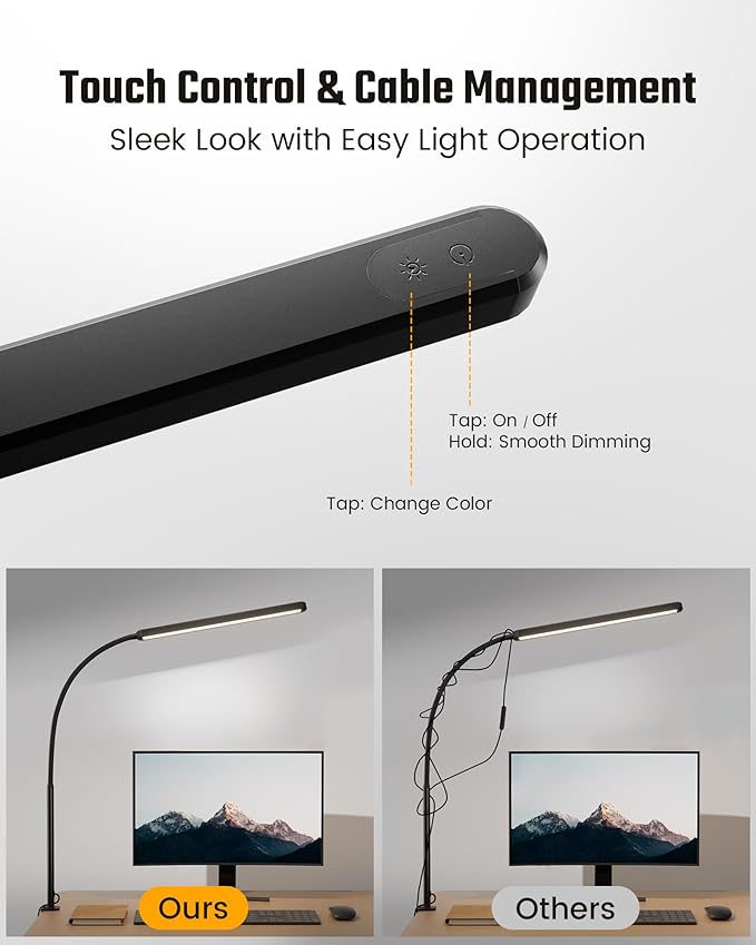 SUPERDANNY Eye-Caring LED Desk Lamp 360° Flexible Gooseneck Work Lamp with Desk Side Clamp Touch Control 3 Light Colors Smooth Dimming Task Lighting Reading Light for Home Office College Dorm, Black