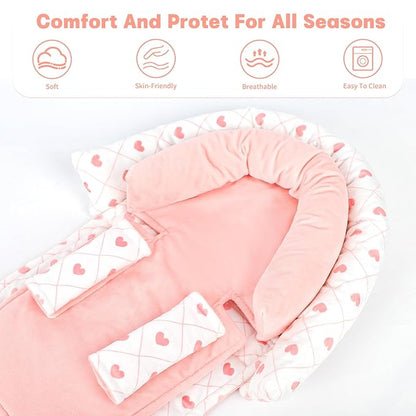Infant Car Seat Insert, Baby Car Seat Head & Body Support with 2 Strap Pads, Ultra Soft Newborn Preemie Carseat Insert Cushion for Girls Boys, Fits Car Seat, Stroller, Swing, Bouncer, Pink