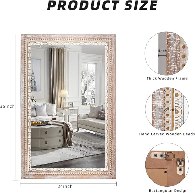 36x24 Inch Wooden Rectangle Bathroom Mirror with Beaded Frame, Rustic Farmhouse Decorative Wall Mirrors for Over Sink, Living Room, Entryway (Horizontal/Vertical Mounting)